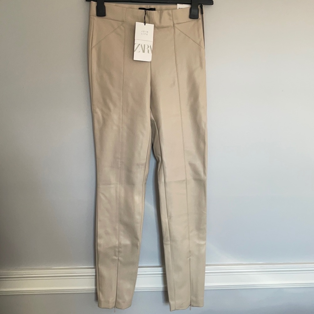 Zara Cream Faux Leather Leggings with split hem